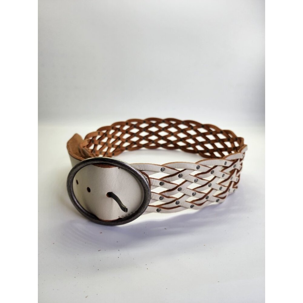 Fossil Braided Leather Belt White/Brown Woven Style Round Buckle Boho Fashion